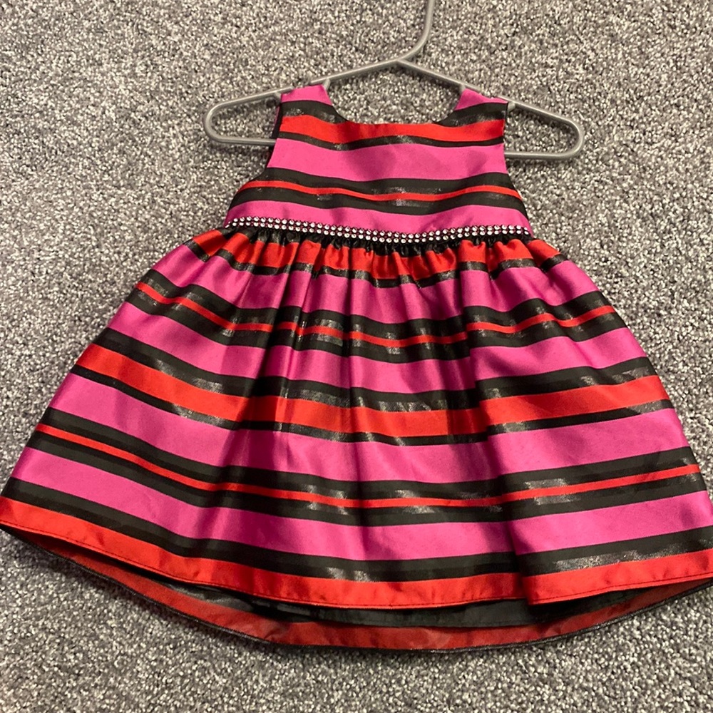 12m Youngland. Pink with Black and Red Strip Dress. Rhinestone attached Belt
